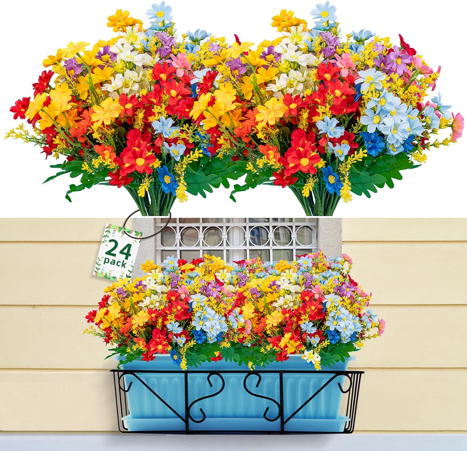 24 Pcs Artificial Flowers for Outdoor,Fake Flowers Decoration,UV Resistant Plastic Flowers,Artificial Plants for Wedding Garden Décor(6 Colors)