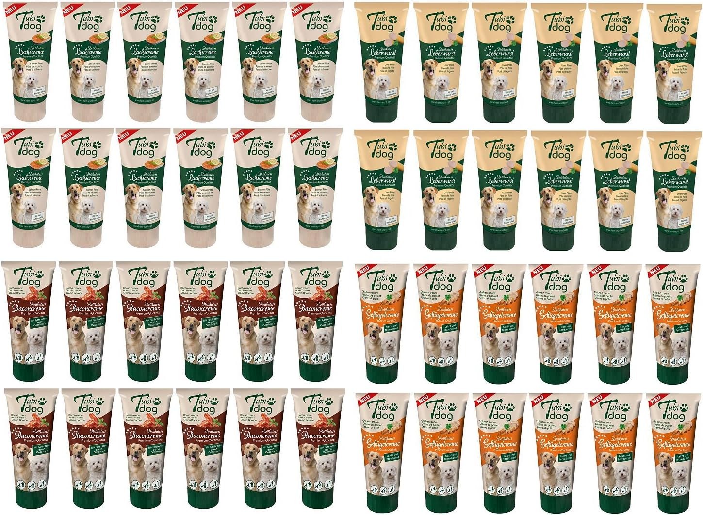 Tubi-DOG - Set of 12 liver sausages 12 based on salmon cream, 12 based on bacon cream, 12 of poultry = 48 tubes