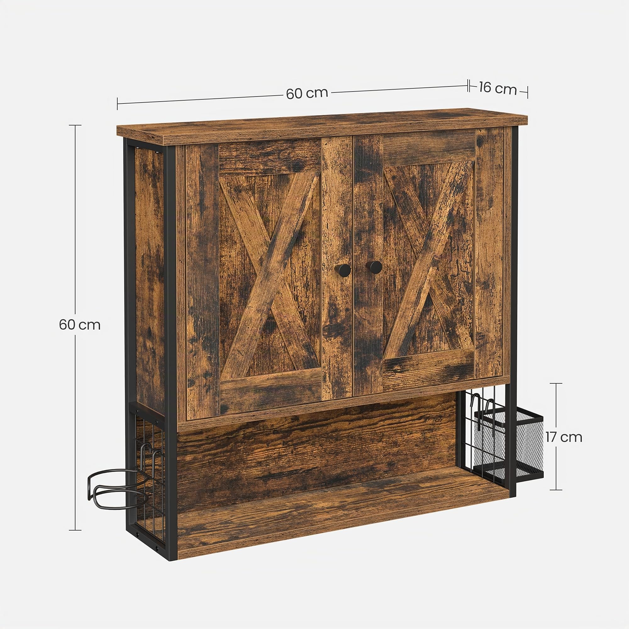 VASAGLE Badezimmerschrank, Badschrank, Wandschrank, Aufbewahrungsschrank, mit 2 TÜren, verstellbare EinlegebÖden, mit Haartrocknerhalter, Industrie-Design, vintagebraun-schwarz BBK123B01
