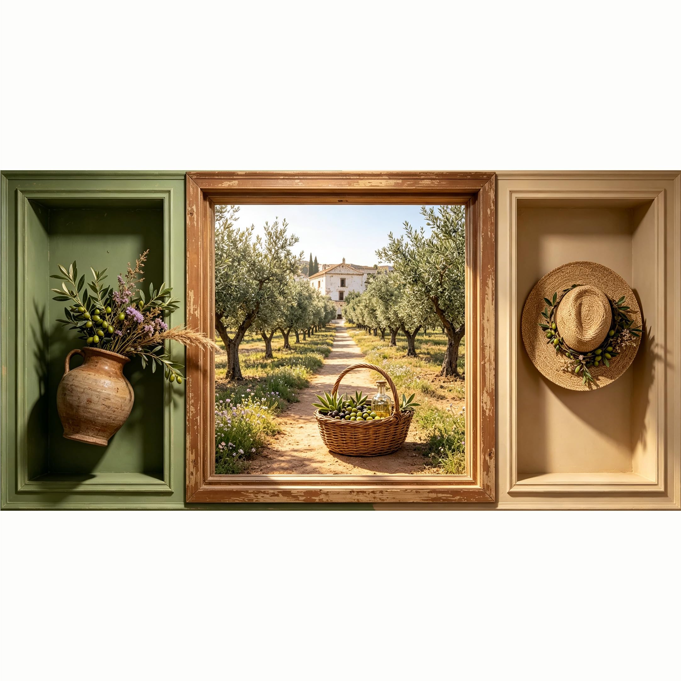 QZLITHOTIC 50x100cm 3D Framed Wall Art， Tuscan Olive Grove Landscape Farmhouse Style Self‑Adhesive Mural， Water‑Activated Peel & Stick Fabric Decor Wall Decal for Bedroom Living Room