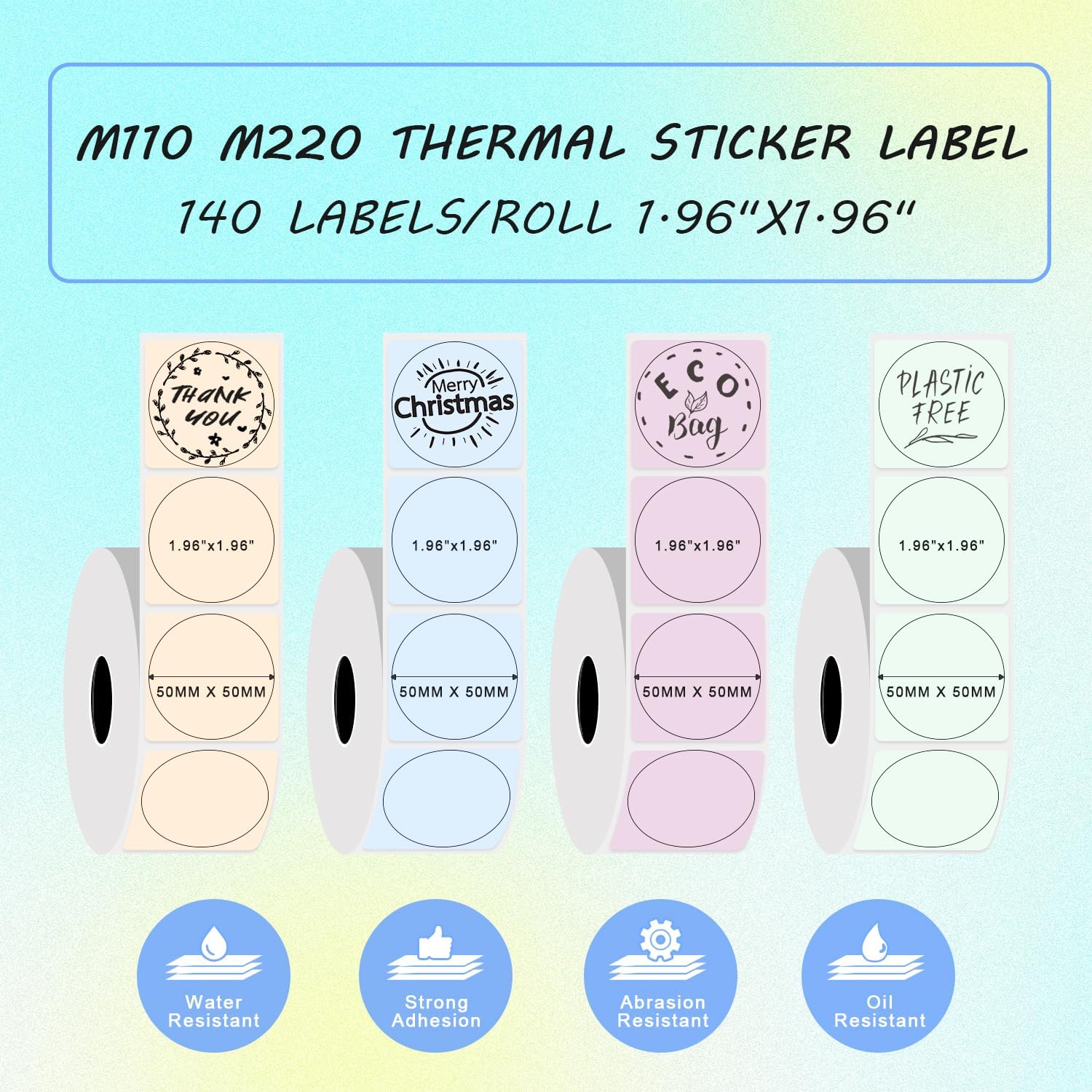 Round Circle Thermal Label Compatible with Phomemo M100/M110/M150/M221/M220/M120/M200/M250 Label Printer,1.96" x 1.96"(50x50 mm, 140 Labels/Roll, Black on Pink & Blue & Khaki & Green,4 Rolls - Image 3