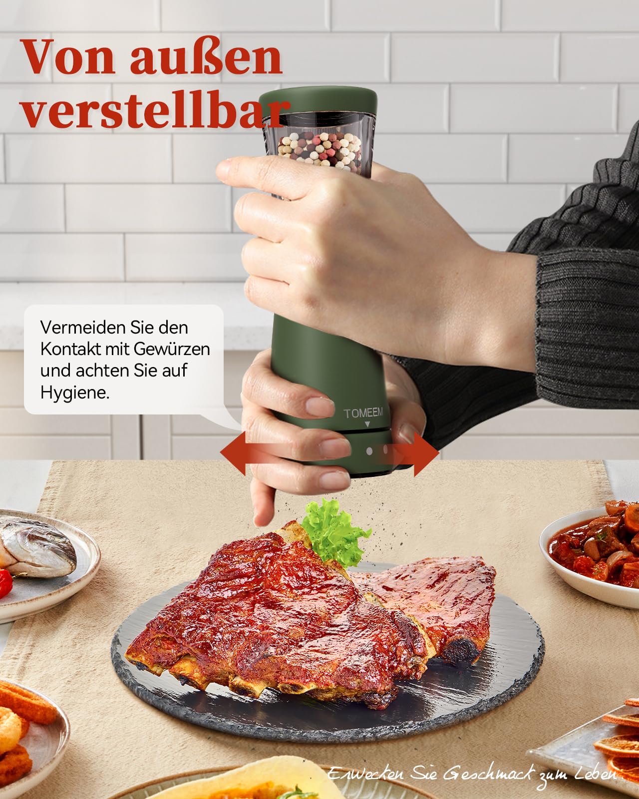 Set Macinasale E Pepe Elettrico Ricaricabile TOMEEM – 2 Pezzi In Acciaio Inox, 6 Macinature, LED, Ricarica USB-C, Verde, Per Spezie