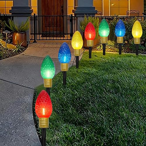 Miniatura 15 de Luces LED C9 para caminos de Navidad al aire libre, 38 pies, 25 bombillas LED C9 multicolor, luces de estacas de camino de Navidad, luces C9 LED