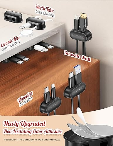 Miniatura 3 de Paquete de 5 clips para cables – Organizador de cables de 10 agujeros para escritorio [ambos lados 1s empuje suave] Soporte de cable de carga de