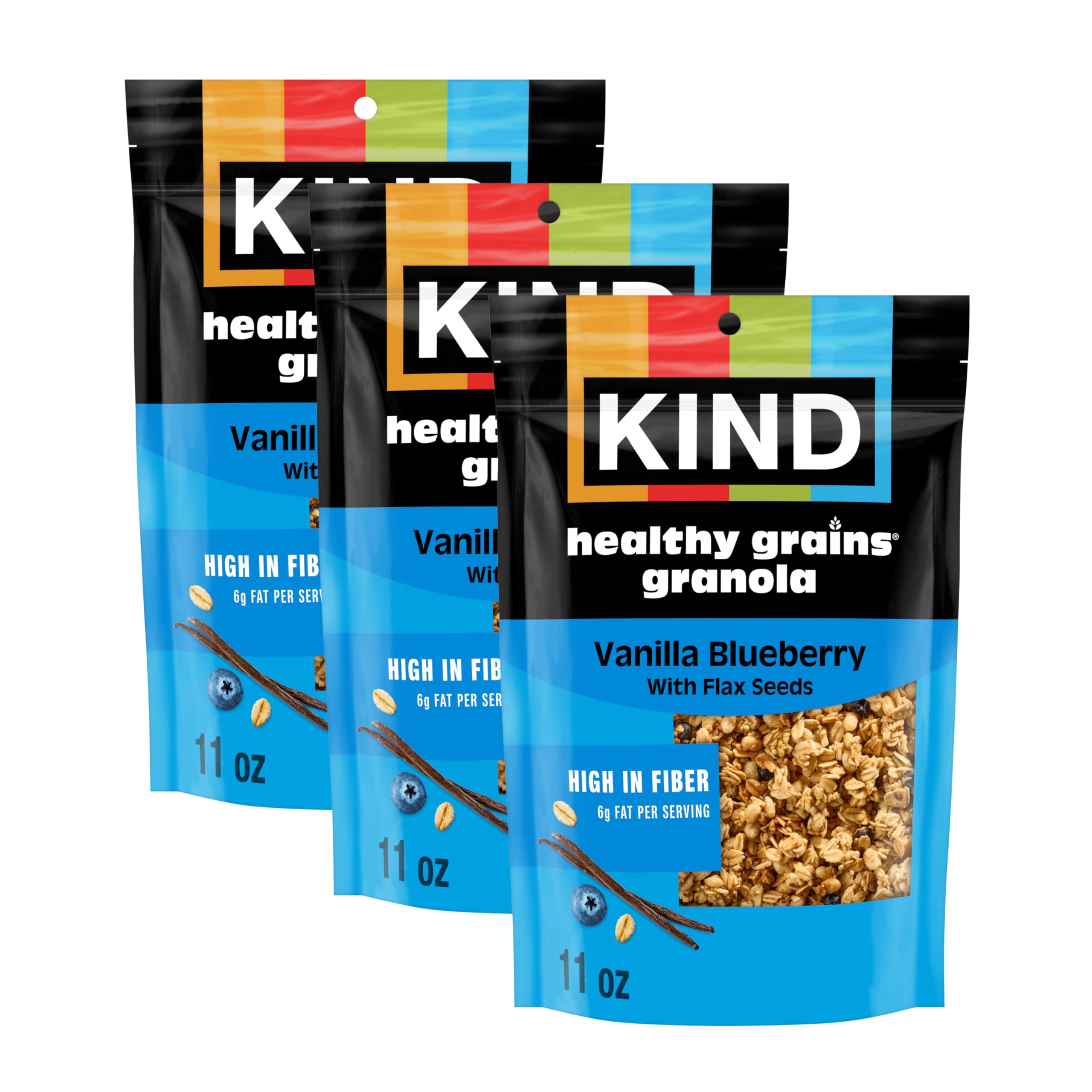 Healthy Grains, Vanilla Blueberry Granola with Flax Seeds, Healthy Snacks, Gluten Free, 100% Whole Grains, 5g Protein, 11oz, 3 Count