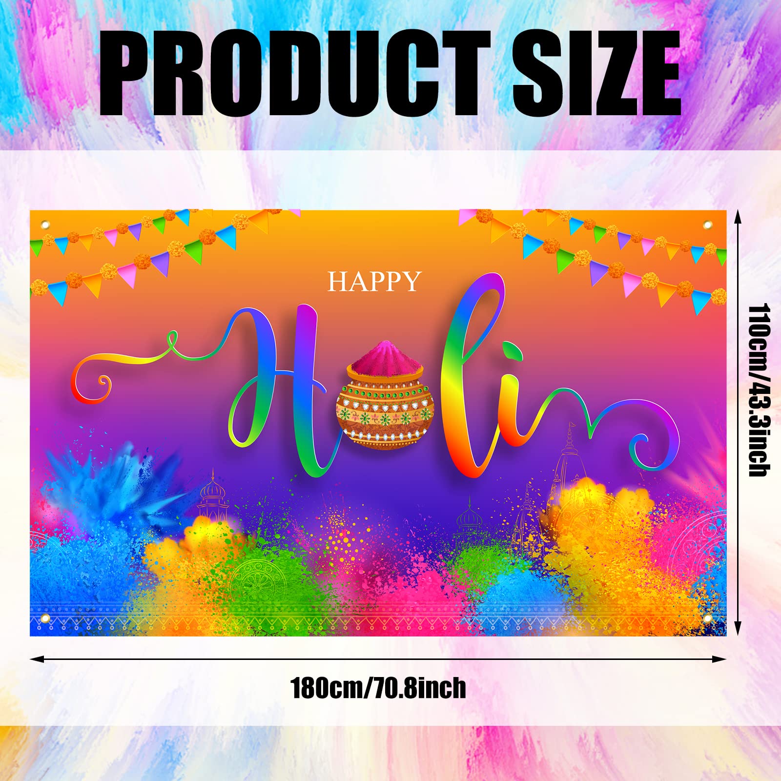 Happy Holi Fotohintergrund – Bunt, 1,8x1,1 M, Polyester, Für Indien-Party, Farbenfest & Fotoshooting