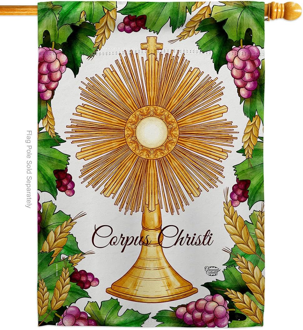 Festival Corpus Christi House Flag - Religious First Communion Cross Chalice Holy Eucharist Christian Religion Tradition - Decoration Banner Small Garden Yard Gift Double-Sided Made in USA 28 X 40