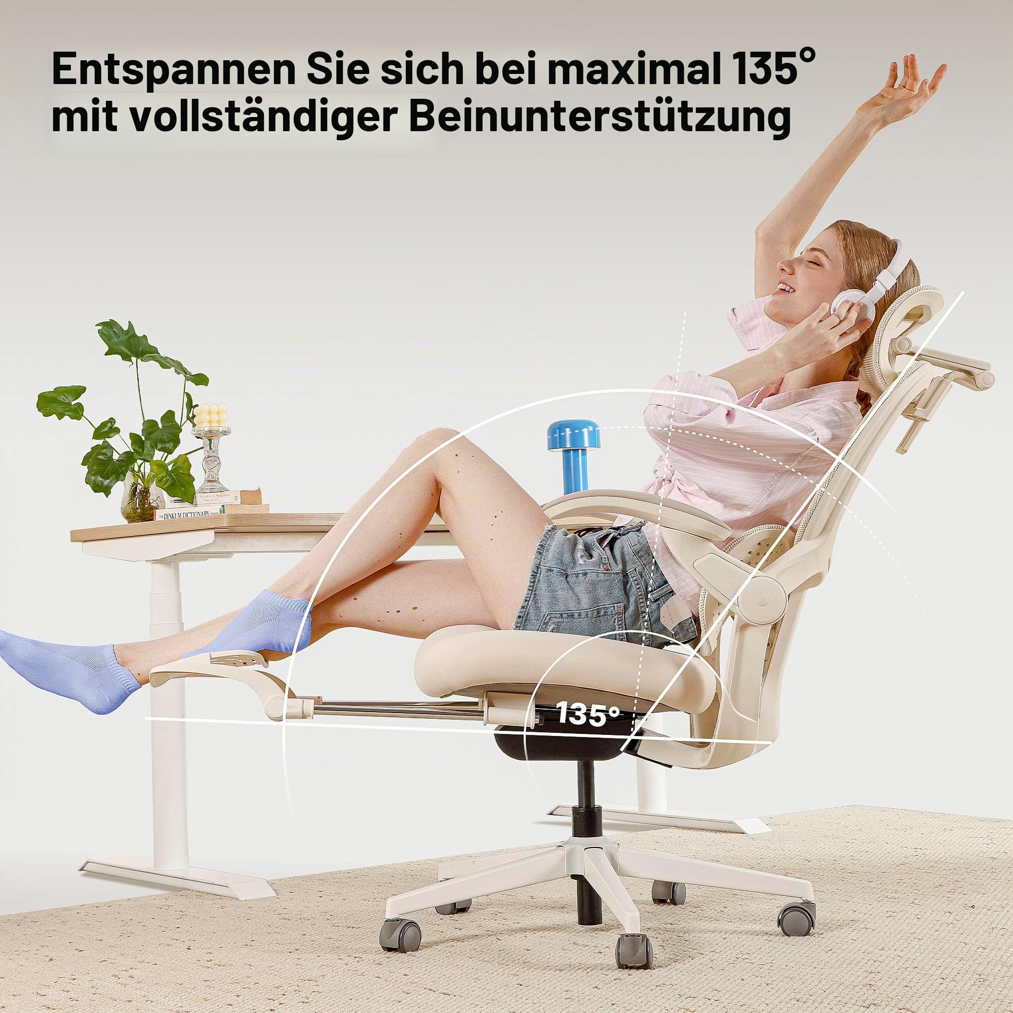 HINOMI Q2 Ergonomischer Bürostuhl mit Lendenwirbelstütze, verstellbarem Kopfstütze, Mesh-Sitz, klappbaren Armlehnen, neigbar mit Fußstütze, stilvolles Modell für Home Office & Studium (Grau)