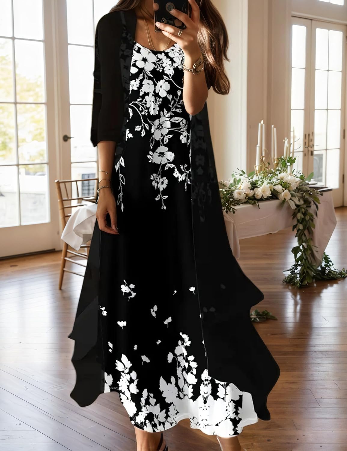 Women’s 2 Piece Set Boho Floral Print Sleeveless Maxi Dress with Flowy Chiffon Cardigan Dressy Casual Loose Dresses - Image 2