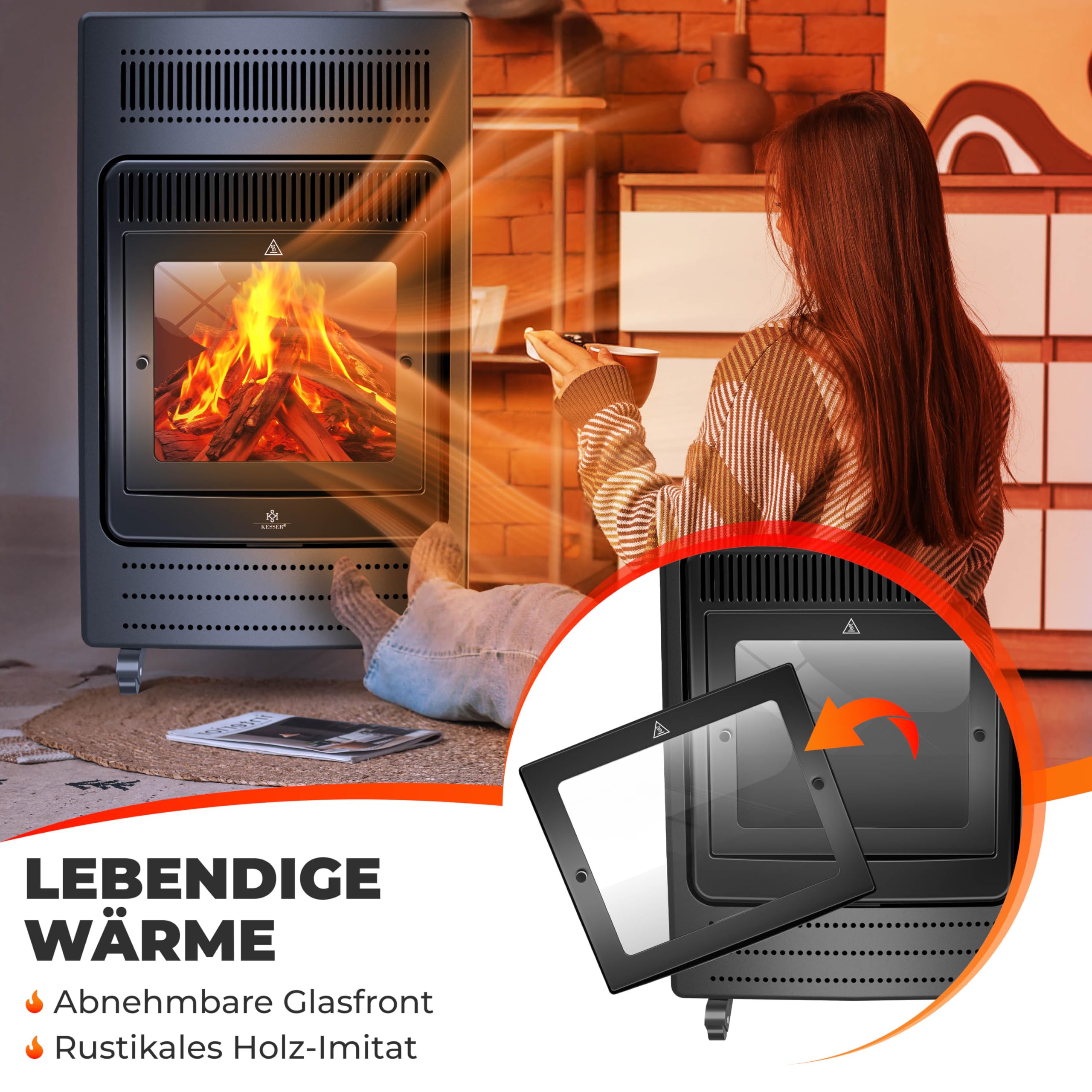 KESSER® Grzejnik gazowy, 3,4 kW, zawiera reduktor ciśnienia gazu i wąż gazowy, 2 stopnie grzania na podczerwień 3400 W, ogrzewanie gazowe, butle z butanem lub propanem, do 11 kg, czarny