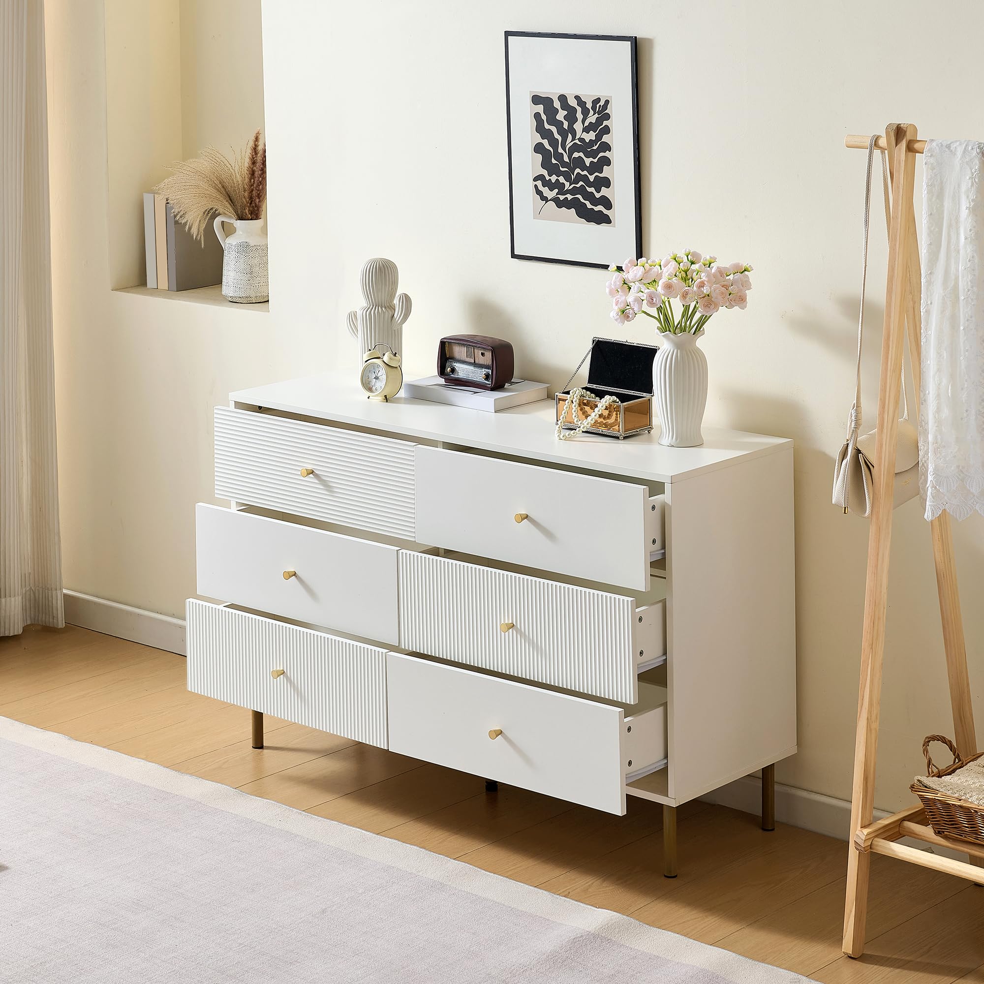 BTM Modernes 6-Schubladen-Kommode, Weiße Aufbewahrungs-Kommode mit Zinklegierung-Griffen & Stahlbeinen, 120×40×78cm MDF-Schrank für Schlafzimmer, Wohnzimmer, Eingangsbereich