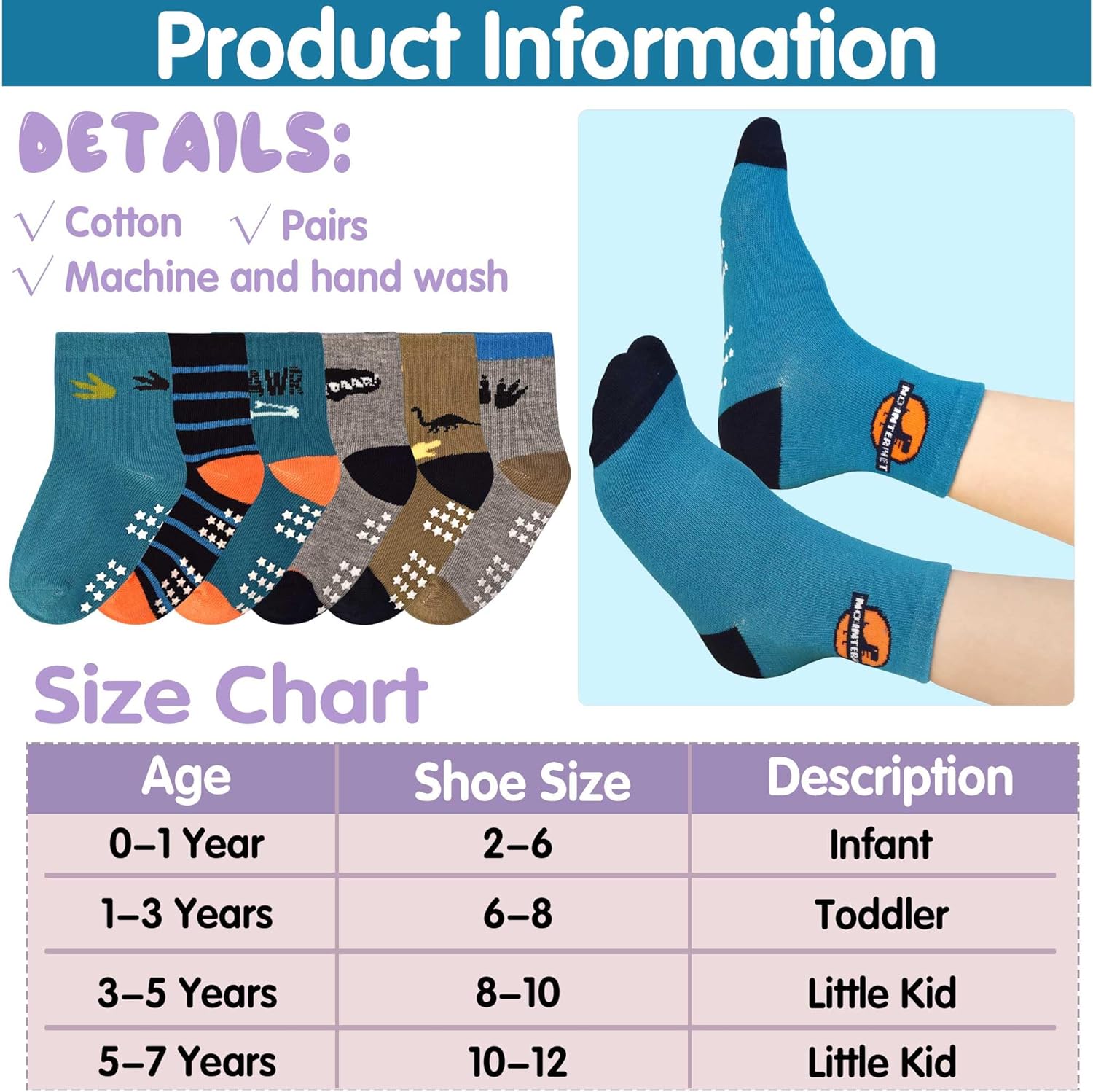 Tphon Toddler Baby Non Slip Socks Infant Anti Skid Socks with Grips 12 Pairs Crew Sock for 0-7 Years Kids Boys Girls - Image 7