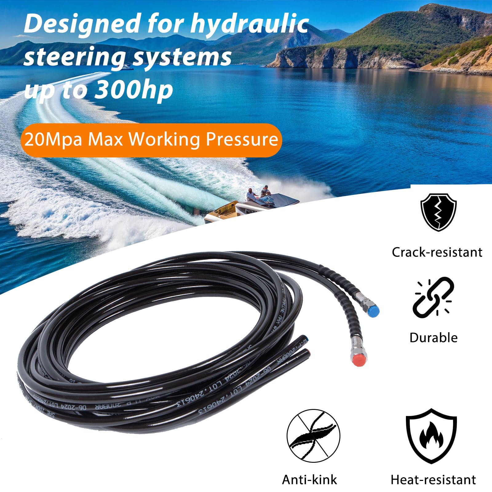 2-Piece 16Feet Universal Replacement Hydraulic Steering Hose Kit with Stainless Steel Quick Connector Compatible with Seastar Hydraulic Steering System Teleflex Steering Hose