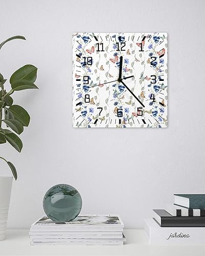Miniatura 3 de Spring Floral Wooden Wall Clock Silent Non Ticking, Blue Flower Leaves Butterfly Botanical Square Wall Clock Battery Operated, Decor Clock for Home