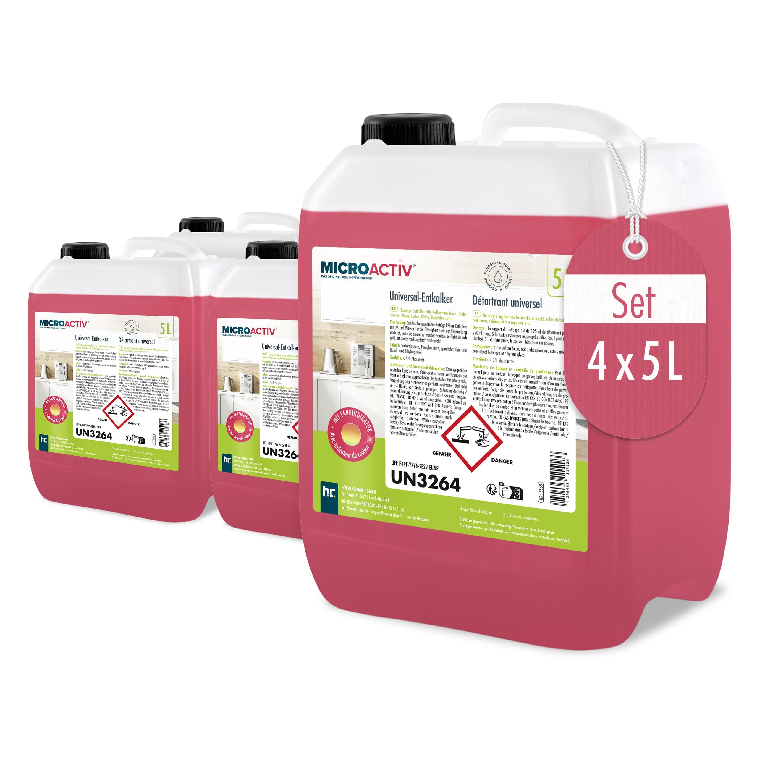 Höfer Chemie 4 x 5 L (20 L) Universal Entkalker | Mit Farbindikator für Kaffeemaschinen & Kaffeevollautomaten