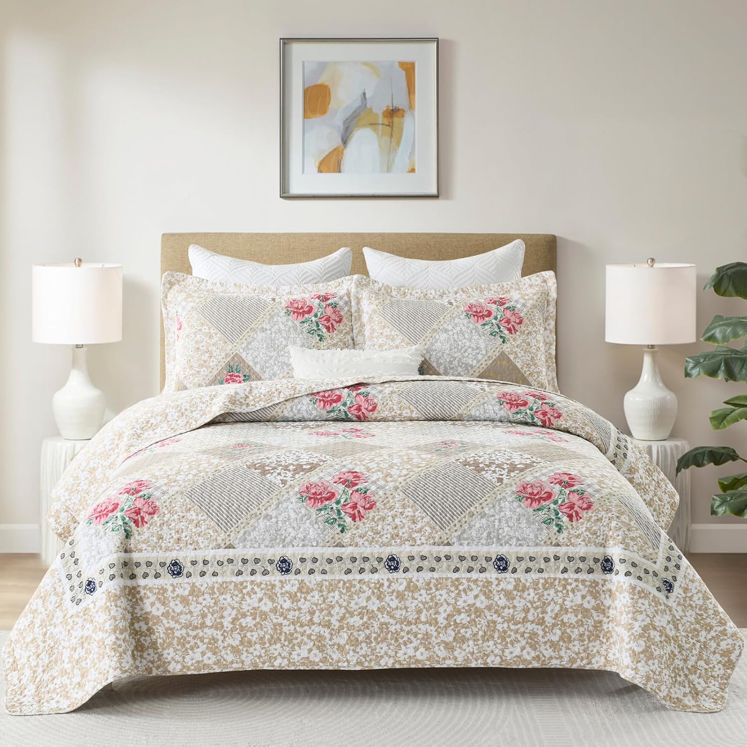 KALOOLA Oversized Bedspread Quilt 120x120, 100% Cotton Floral Bedspreads King Size, Lightweight Plaid Reversible Coverlet Comforter Set with Pillow Shams, 3 Pieces, Brown