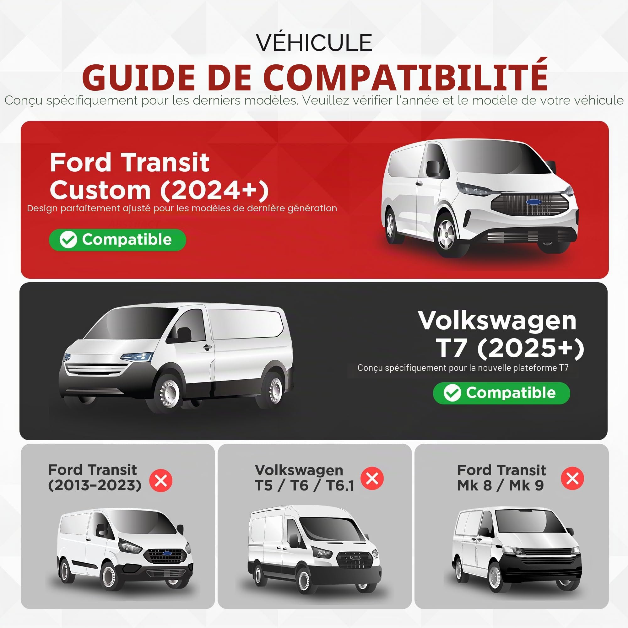 Compatible avec : déflecteurs d'air Ford Transit Custom 2023+ et visières de fenêtre VW Transporter T7 (à partir de 2025) – Lot de 2 déflecteurs extérieurs teintés de qualité supérieure pour
