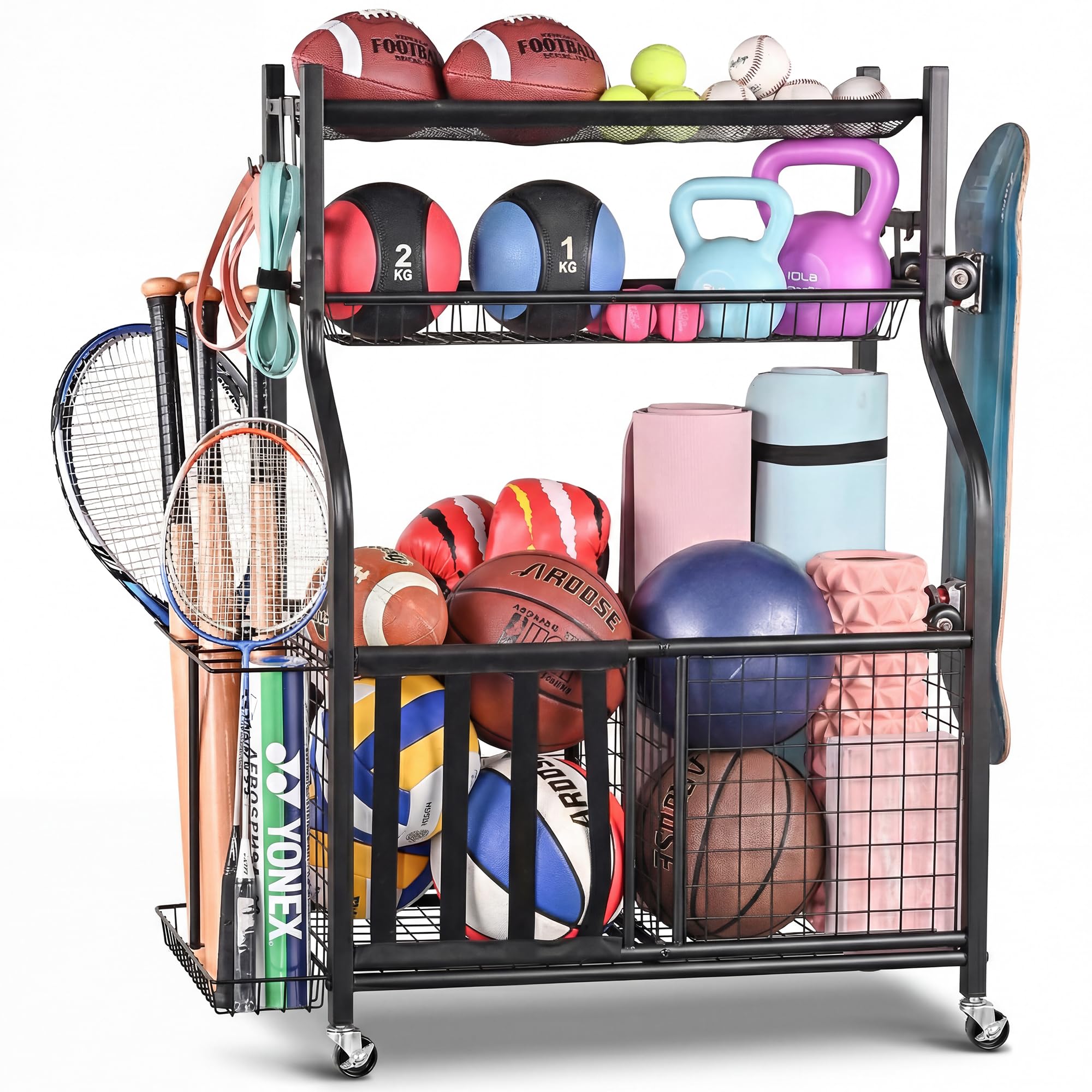 PLKOW Sports Equipment Storage for Garage, Indoor/Outdoor Sports Rack for Garage, Ball Storage Garage Organizer with Basket and Hooks,Toy/Sports Gear Storage