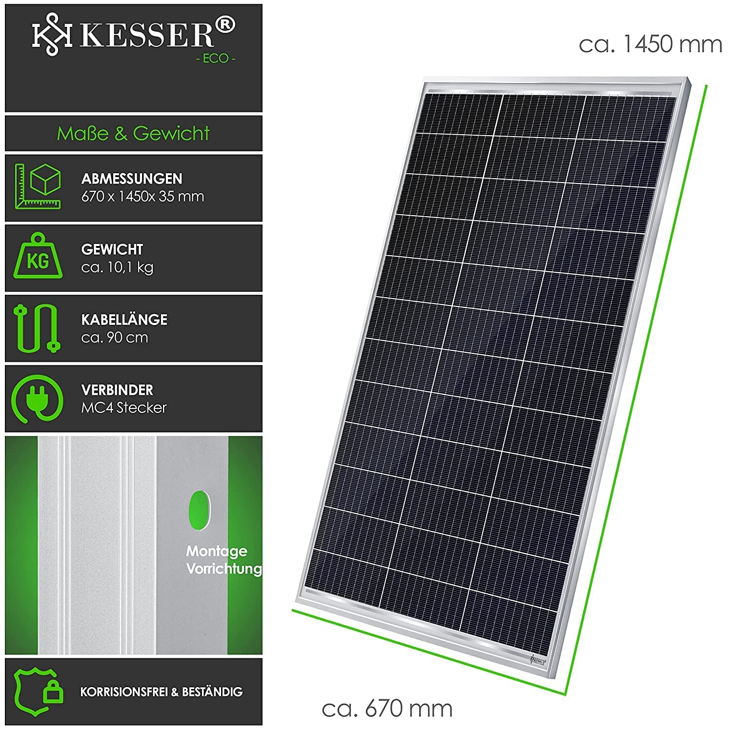 KESSER® Solarpanel 4er Set Monokristallin Solarmodul Solarpanel - 165W 18 V für 12 V Batterien, Photovoltaik - Solarzelle Solaranlage PV-Anlage Solar für Wohnwagen, Camping, Balkon, Gartenhäuser