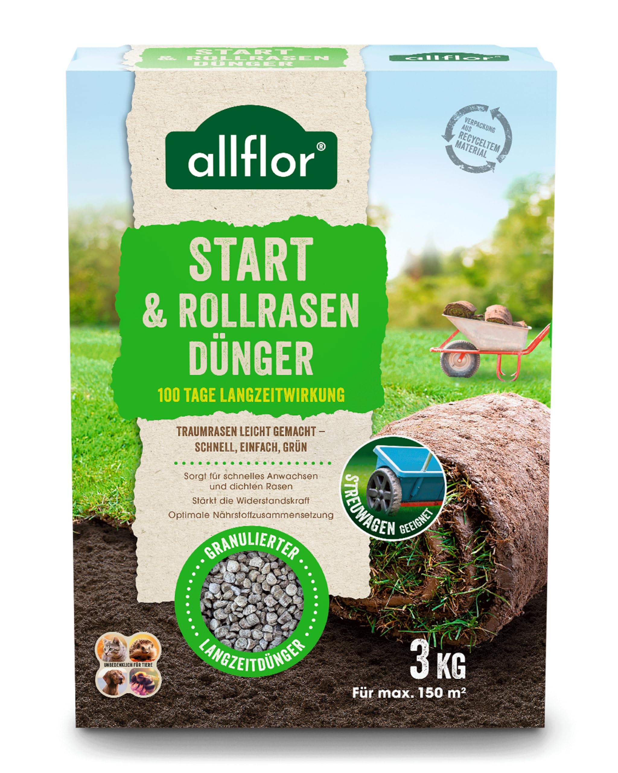 Allflor Start-Rasendnger 1 x 3 kg I Fr die Neuaussaat & Rollrasen I  Rasendnger streuwagenfhig in der Faltschachtel I Mit optimaler  Nhrstoffkombination fr starke Wurzeln I Fr ca. 150m : Amazon.de: Garten