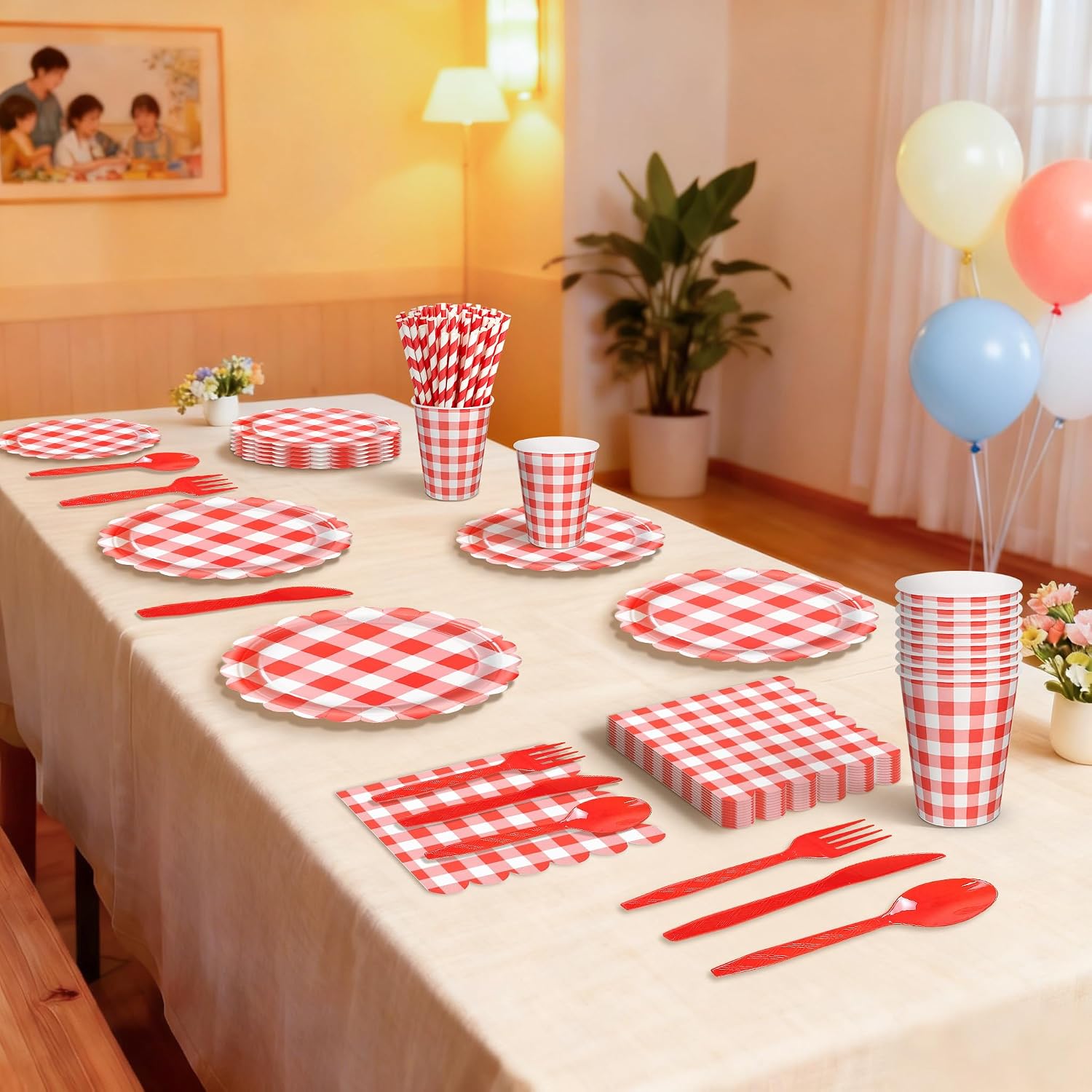 192 PCS Gingham Party Supplies Serve 24 Guests Gingham Plates and Napkins and Cups for Birthday Decorations Baby Shower Checkered Party Dinnerware Sets for Girl Boy Light Red Christmas
