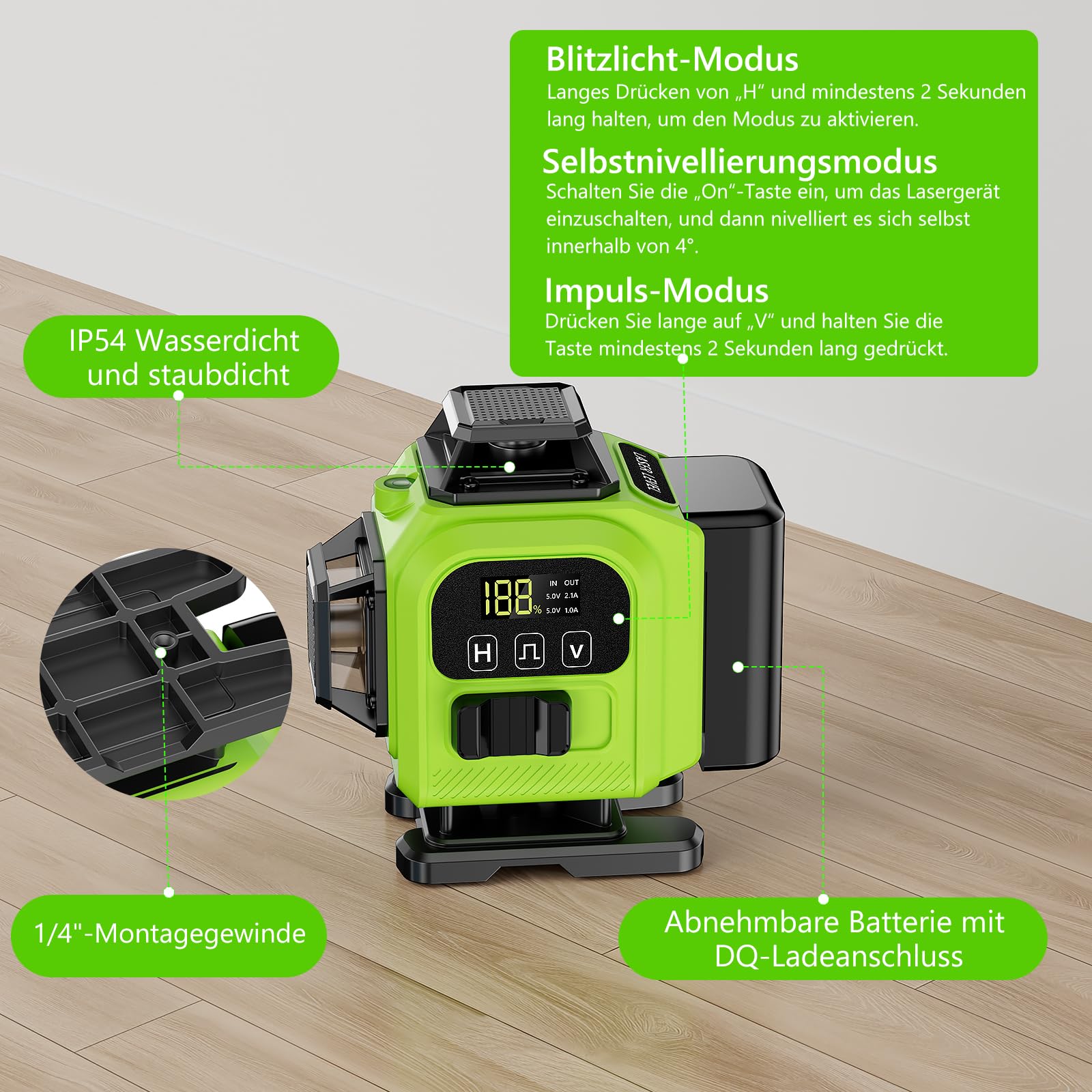Kreuzlinienlaser Grün 16 Linien Nivellierlaser mit Stativ, 4 x 360 ° Laser wasserwaage, linienlaser kreuzlaser selbstnivellierend für Innenbereich Baustelle, 2 x Batterie Vermessungskabine