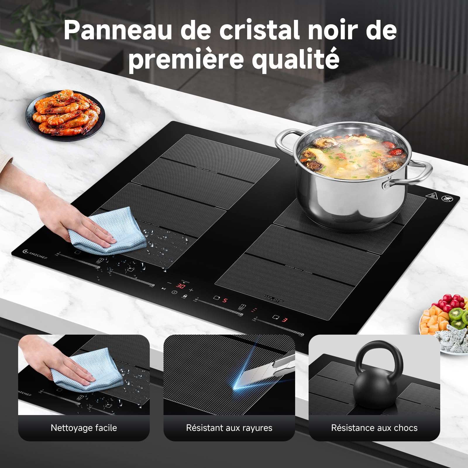 AMZCHEF Plaque Induction 4 Feux avec Deux Zones Flexibles, Plaque de Cuisson Induction 4 Zones avec Fonctionnement Silencieux (42dB), 9 Niveaux et Booster, Barbecue, Pause et Maintien au Chaud, 7400W