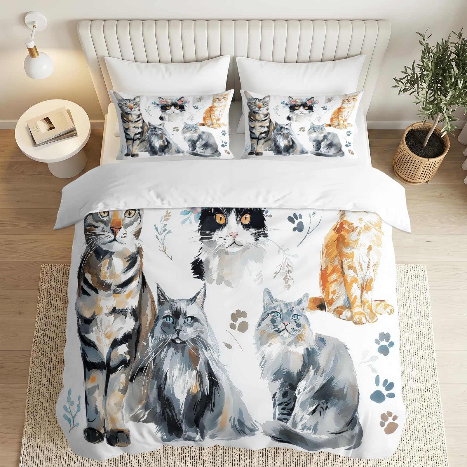 Juego de funda de edredón de tamaño King dibujado a mano con cremallera oculta, estampado de huellas de gato, microfibra con 2 fundas de almohada de 50 x 75 cm, reversible, transpirable