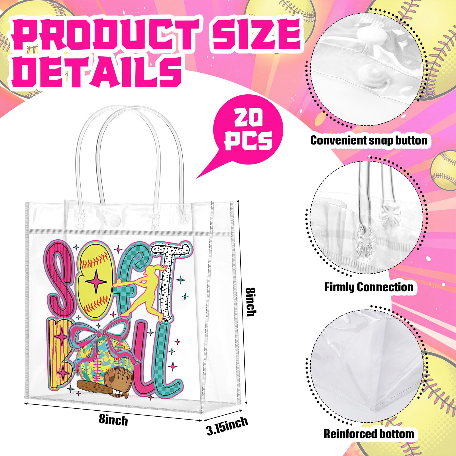 20 Pcs Coquette Softball Goodie Bags with Handles Bow Glitter Preppy Reusable Sports Treat Bags for Candy Birthday Party Supplies 8 x 8 x 3.15''(Softball)