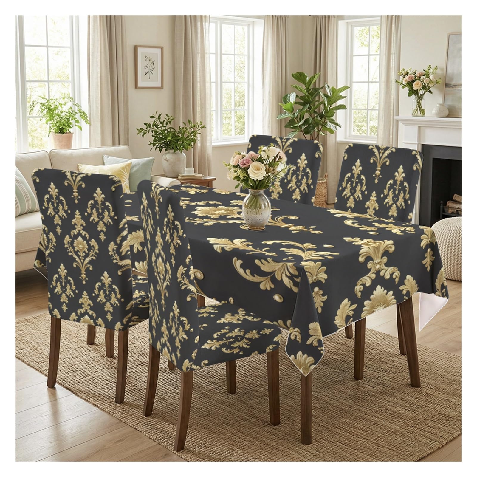 KXUAUV Black Base Gold Baroque Damask Printed Dining Tablecloth & Chair Covers Set, 5/7 Piece Luxury Royal Classic Dining Home Decor Party Decor(5pcs Set: Tablecloth+Chair Covers)