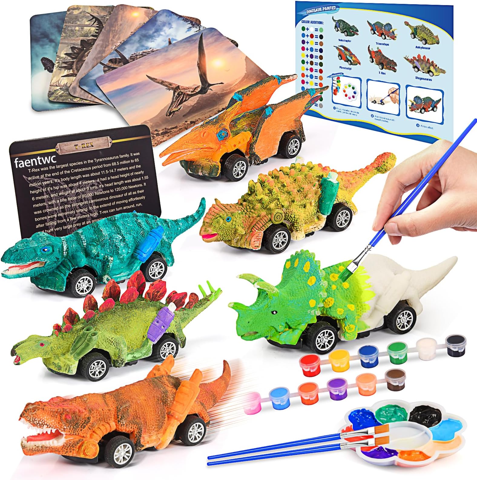 faentwc Dinosaur Painting Kits and Pull Back Cars 2 in 1, Toddler Dinosaur Arts and Crafts, Dinosaur Toys for Kids Boy