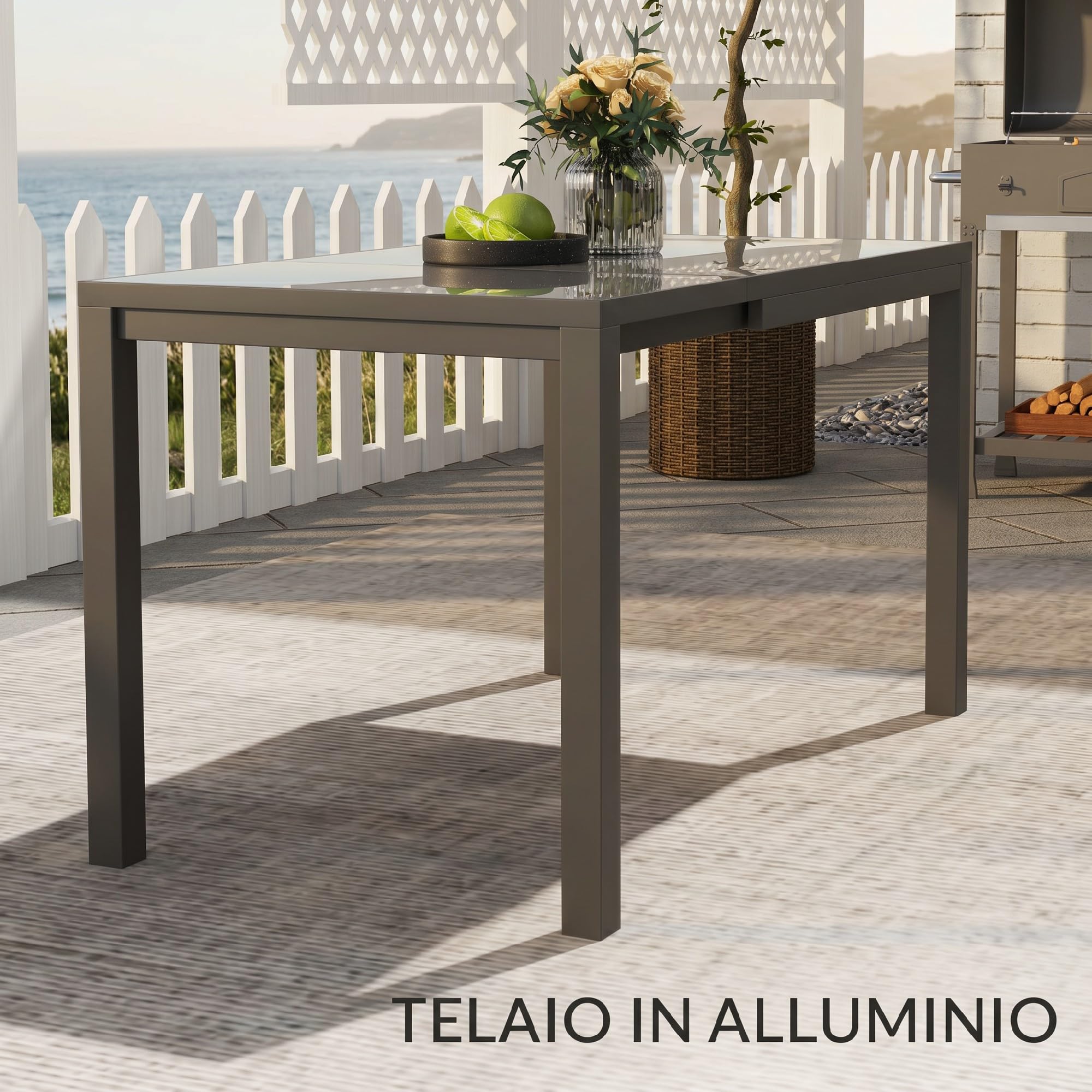 Outsunny Tavolo da Giardino Allungabile da 85/125x70x73 cm Grigio Scuro | Tavola da Pranzo Estensibile, per 4-6 Persone, Rettangolare, in Alluminio, con Piano in Vetro, per Patio Terrazzo, Esterno