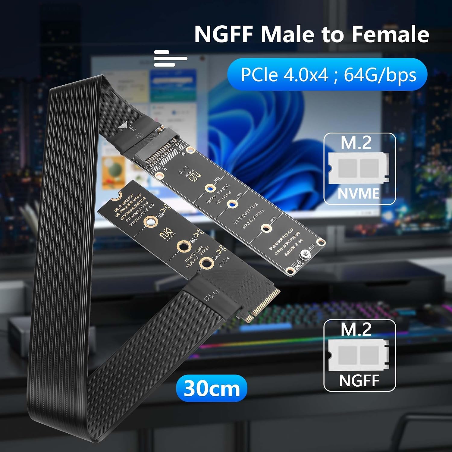 GINTOOYUN 90 Degree NGFF M.2 M-Key NVME Extension Cable 40 CM PCIe 3.0/4.0 M.2 NVME/NGFF SSD Ribbon Flex Cable for Mainboard SSD 2230/2242/2260/2280 (90 ° Right Angle)