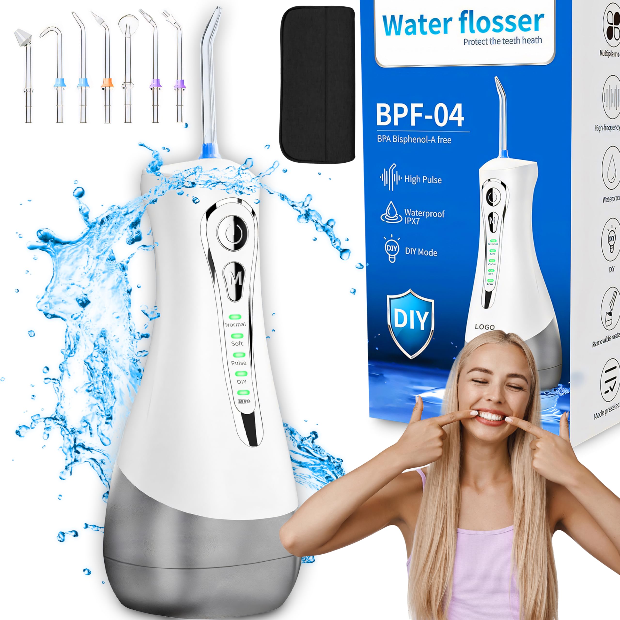Retoo Irrigatore orale senza fili, 4 modalità, 7 ugelli, IPX7, pulitore elettrico per denti, serbatoio dell'acqua da 300 ml, per rimuovere residui di cibo, ricaricabile,