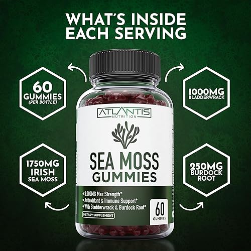 Miniatura 9 de Gomitas de musgo marino irlandés, 3000 mg, formuladas con musgo marino irlandés, vejiga y raíz de bardana. Ricas en vitaminas y minerales