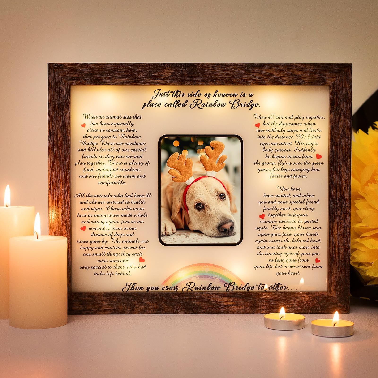 Regalo de condolencias Crinwaki: marco de fotos LED 9x11 con puente arcoíris para pérdida de perro