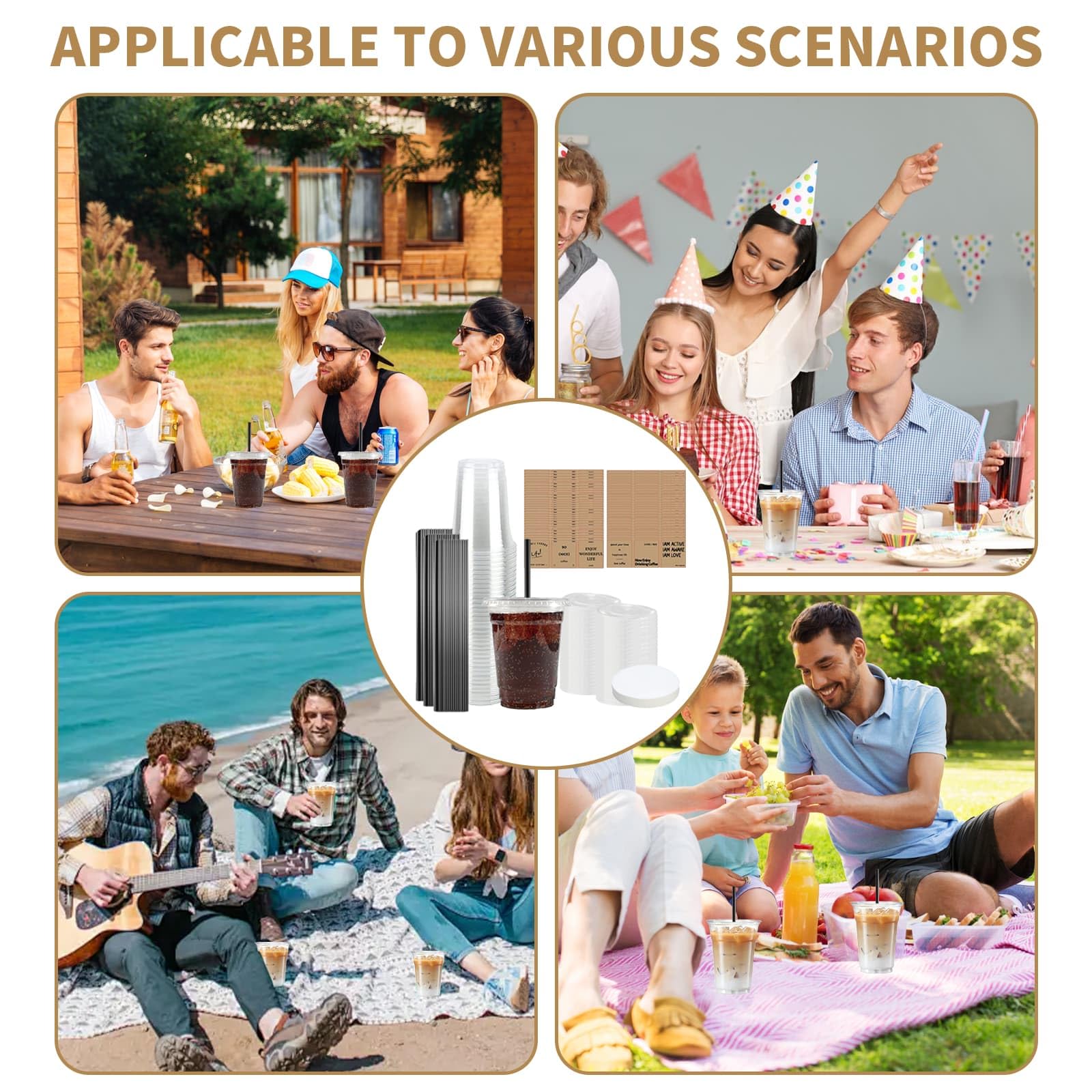 DYUEE Lot de 50 gobelets à smoothie de 500 ml avec couvercles et paille, gobelets recyclables et réutilisables avec papier étanche, gobelets à café transparents pour les boissons en déplacement