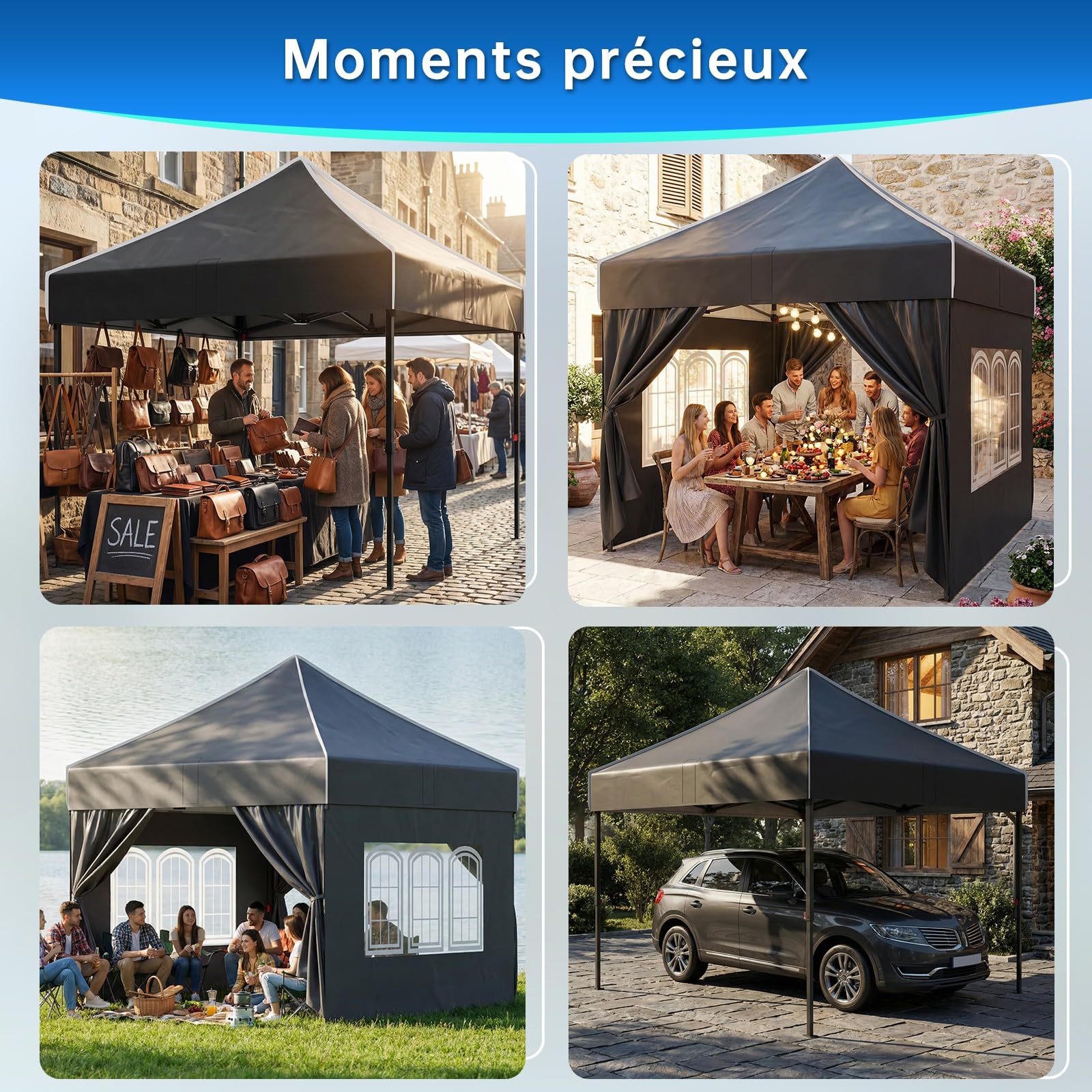Devoko Tonnelle Pliant 3x3m Imperméable, Robuste, Résistant à l'hiver, Hauteur Réglable, avec 4 Panneaux Latéraux, Protection UV 50+, pour Jardin, Terrasse, Camping, Noir