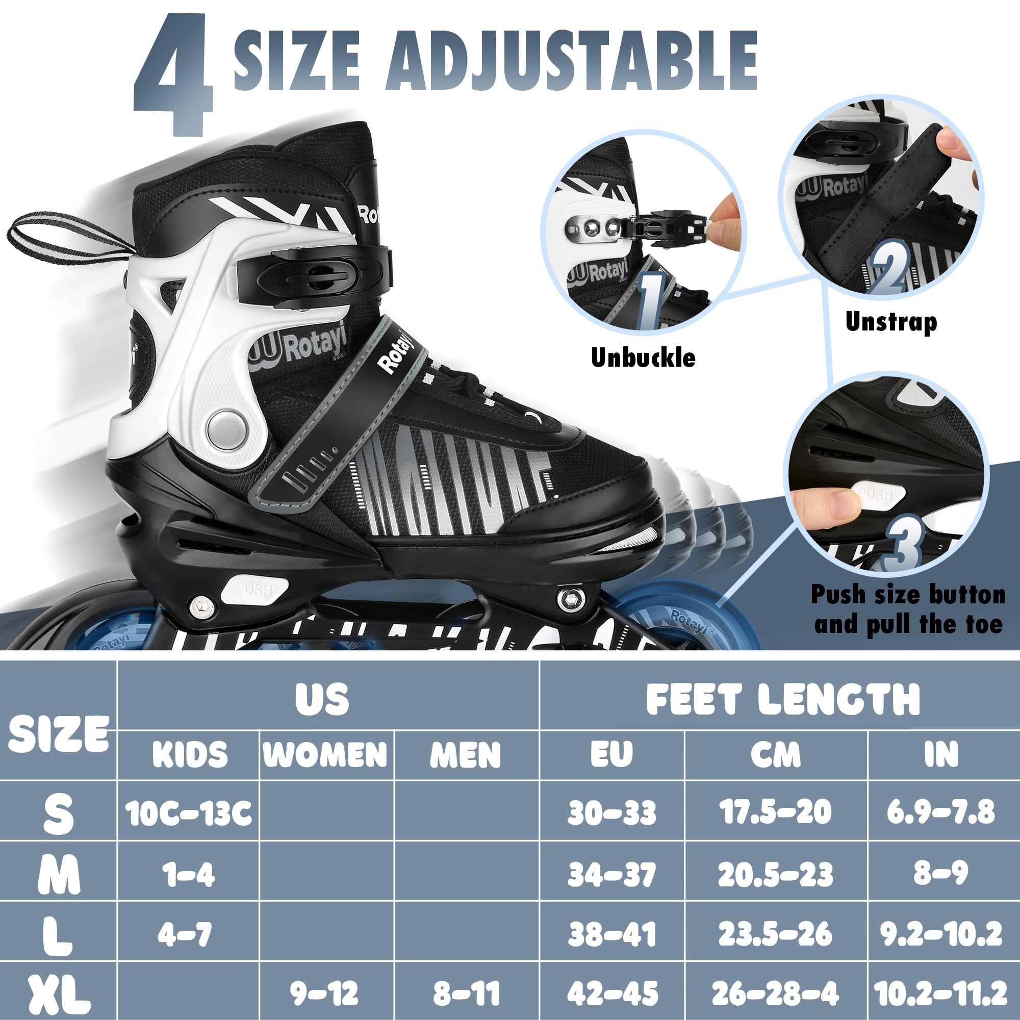 TaroKitc Inliner für Kinder Jugendliche und Damen/Herren, 4 Größen Verstellbare Inline Skates für Mädchen Jungen, Jugendliche Anfänger Inline Rollschuhe in den Größen 30–45