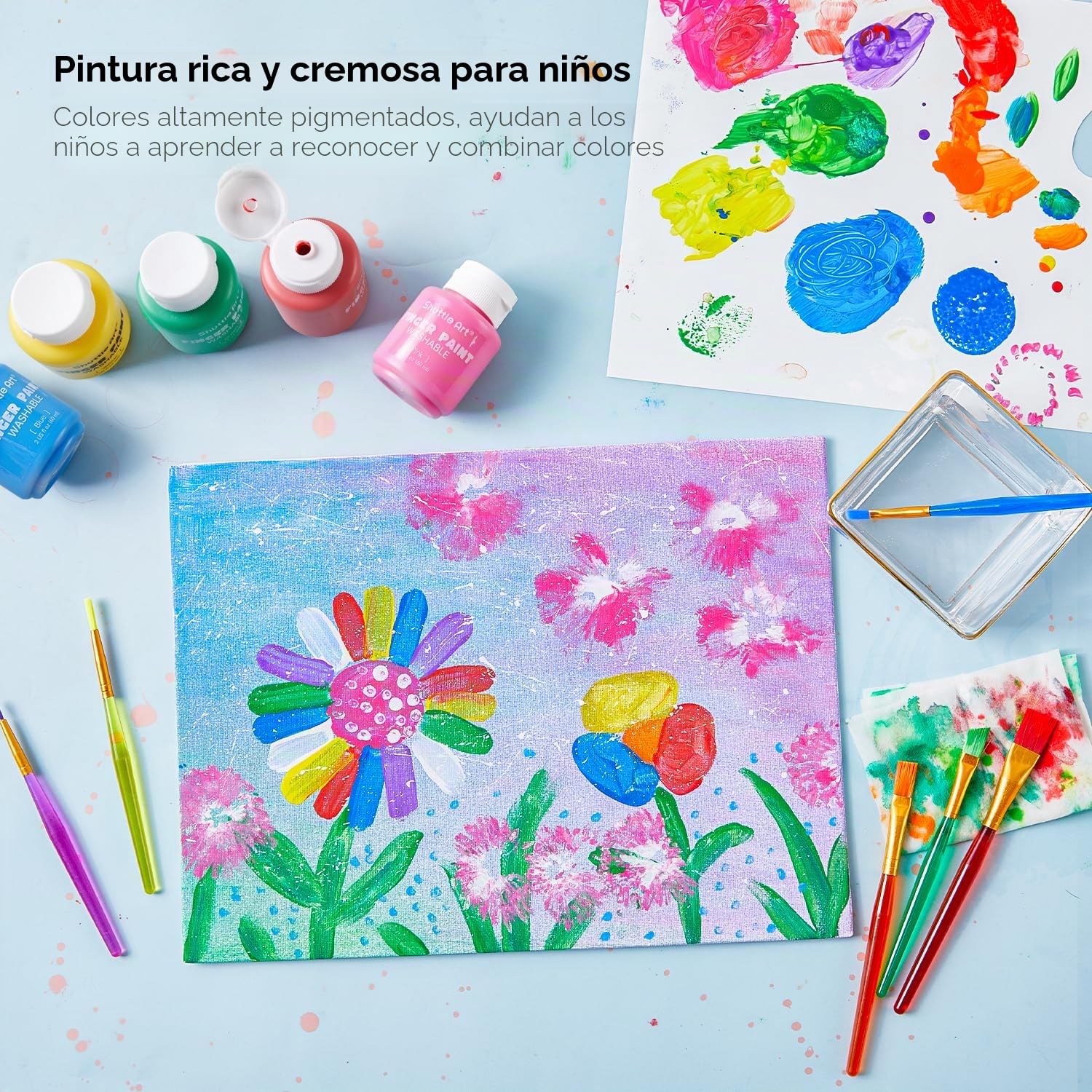Shuttle Art Pintura de Dedos para Niños, 53 Piezas Kit Pintura Niños, 14 Colores Pintura Dedos Bebe No Toxica, Juego Completo de Herramientas, Pincel, Tampón de Pintura, Esponja, Paleta, Bata