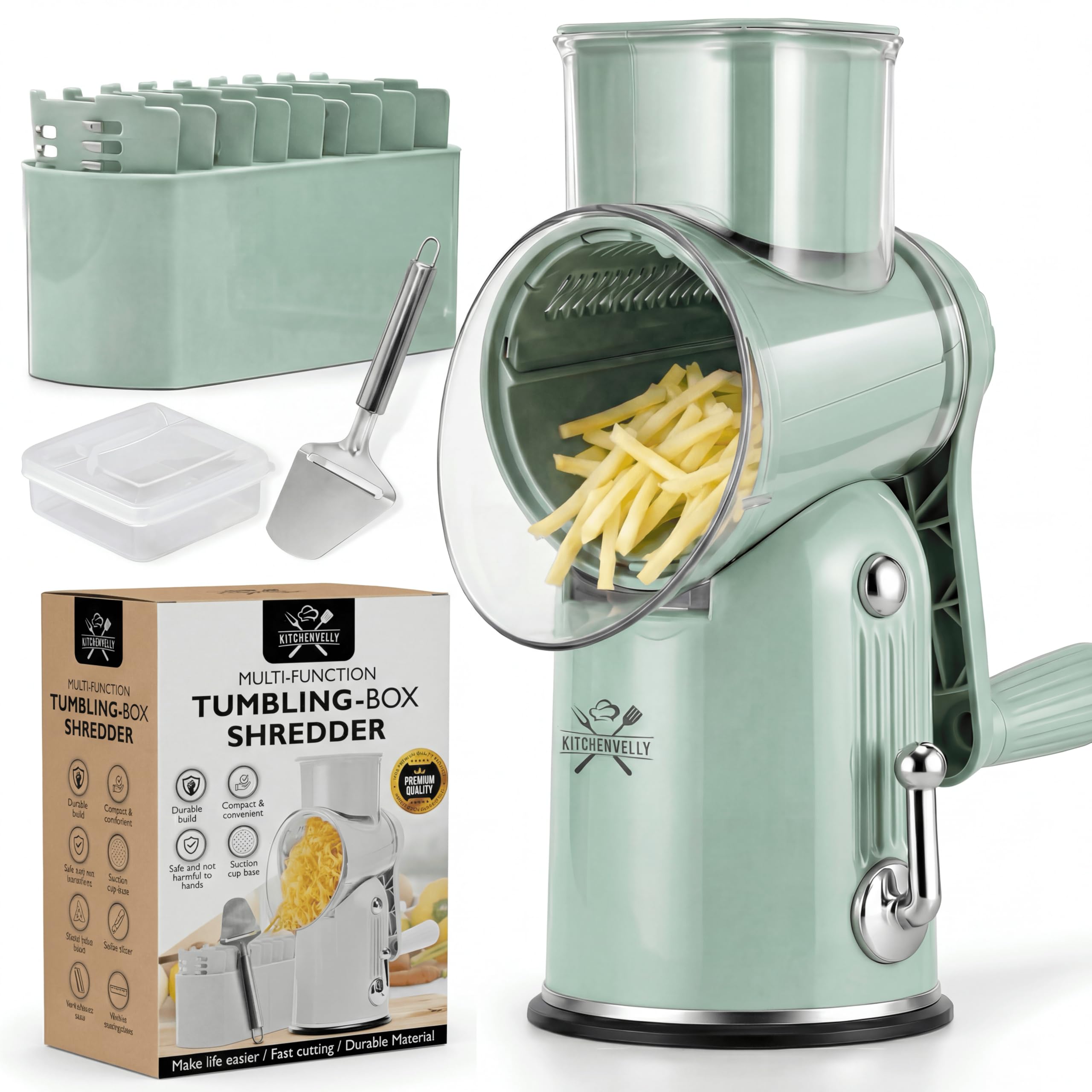 Rallador de queso giratorio 5 en 1 con manivela, cortador de alimentos multifuncional, triturador y rallador para queso, verduras, frutos secos, rallador de verduras fácil de limpiar, triturador de