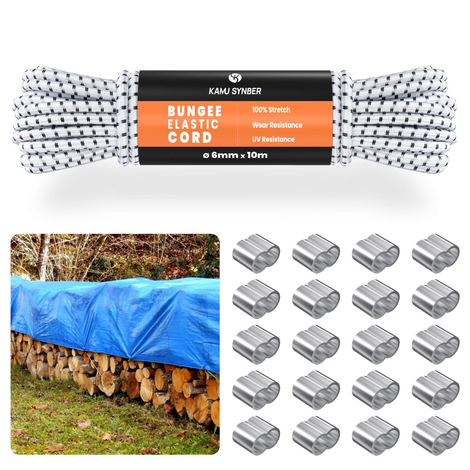 Kamu Synber 6mm x 10m Bungee Cord Elastic Shock Cord Bungee Rope for Trailer, Tarpaulin, Camping, Kayak, Luggage | 20 x Aluminum Loops | White/Black