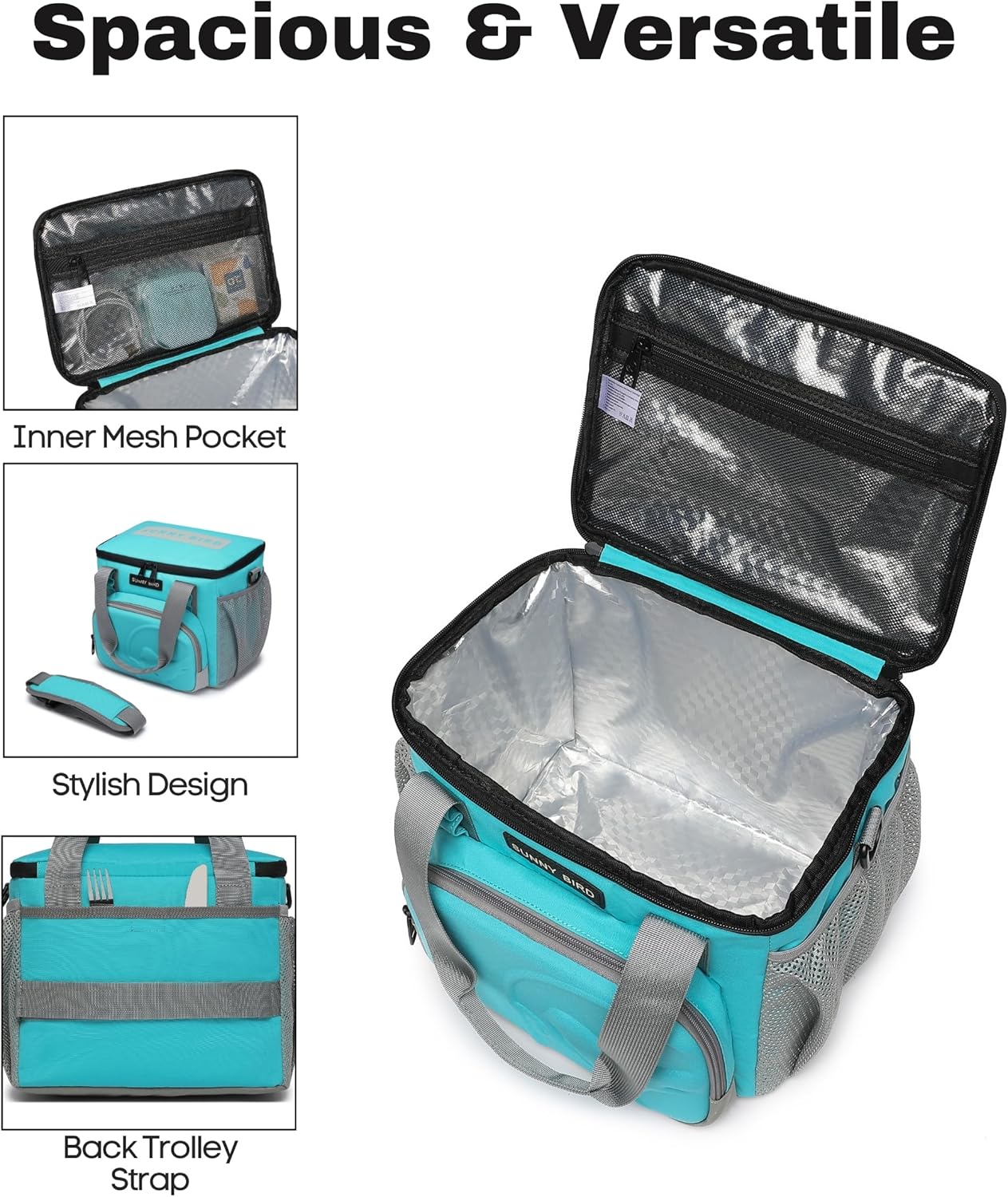SUNNY BIRD 12L Large Insulated Lunch Bag, Leakproof and Foldable Lunch Cooler Box for Women Adult and Men, Fits 18 Cans (Aqua Blue 01)
