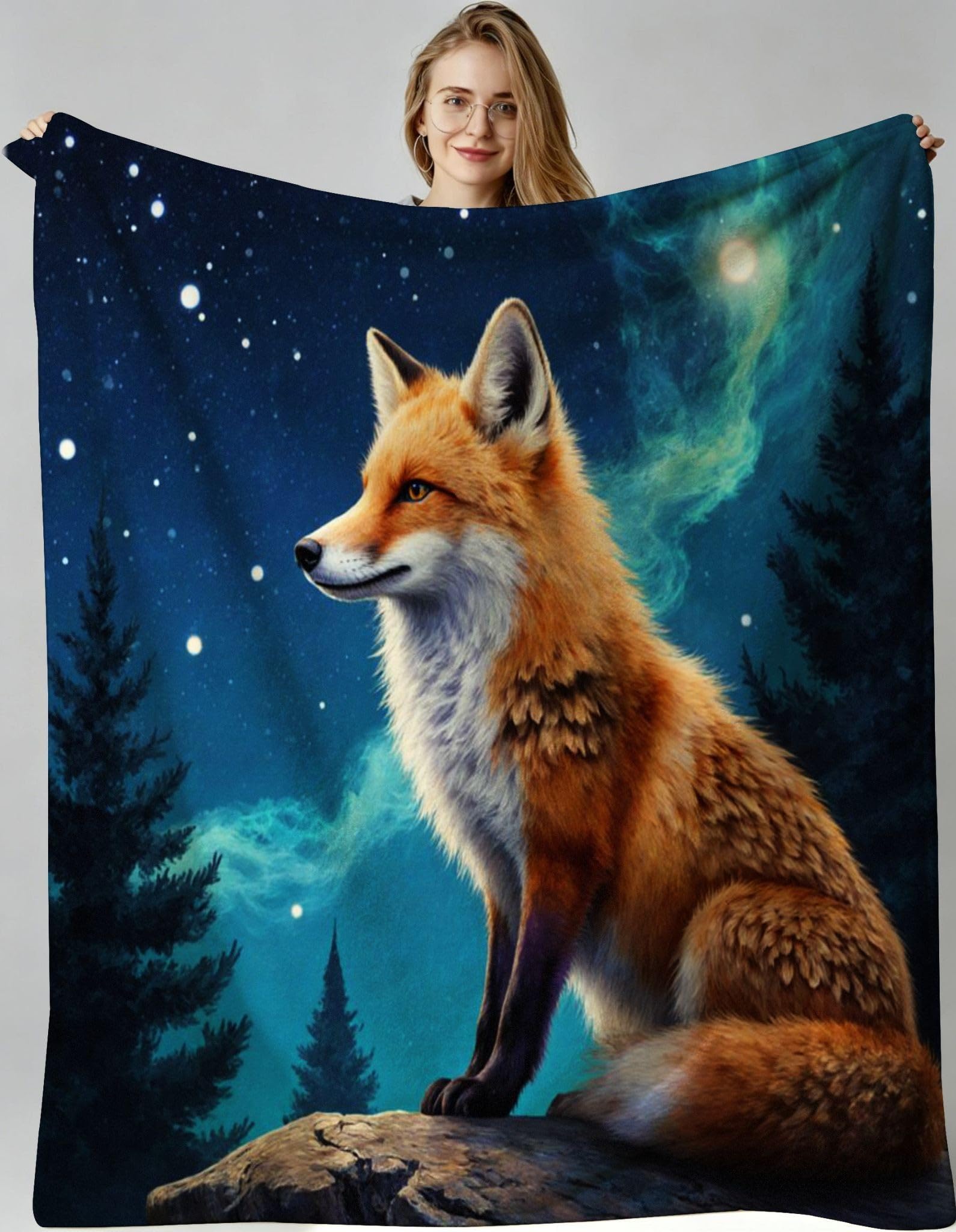 Couverture polaire aurore renard grand format pour vos soirées cocooning au salon