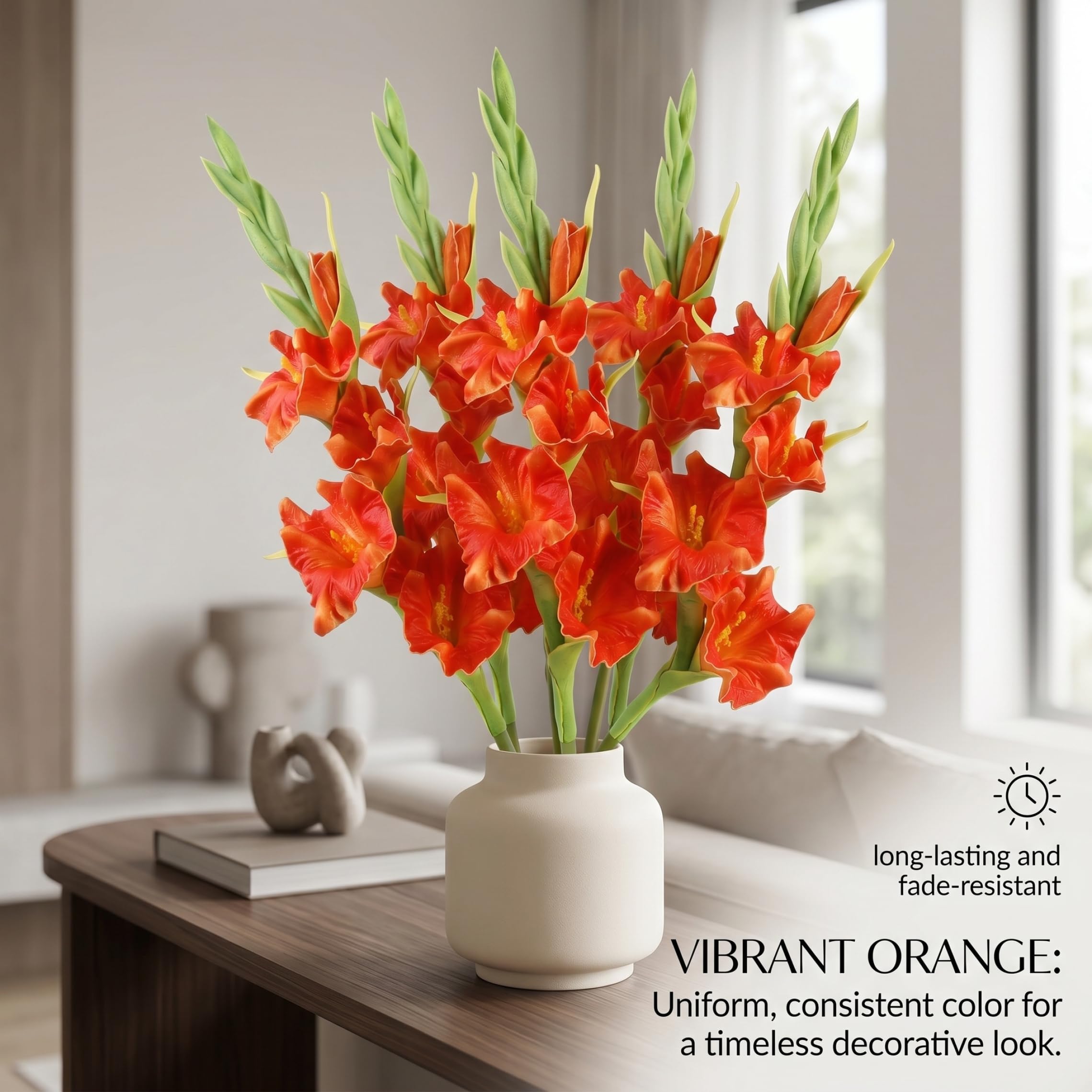 6 Stück Gladiolen, künstliche Blumen, 55, 9 cm, realistische Kunstblumen für Vasen, Blumenstiele für Heimdekoration, Orange