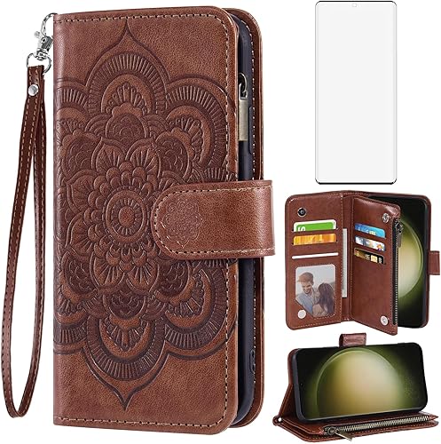 Asuwish Funda de teléfono para Samsung Galaxy S23 Ultra 5G Funda tipo cartera con protector de pantalla de vidrio templado y tarjetero de cuero,