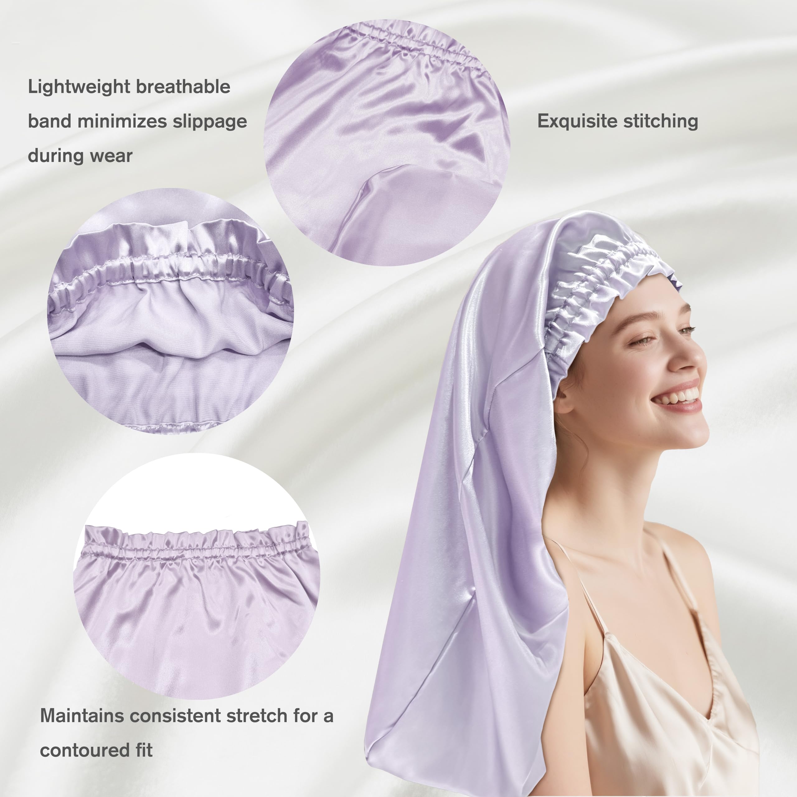 townssilk Cappello da notte in seta 100% gelso 22 momme, da donna, lussuoso, traspirante, tiene bene tutta la notte e senza pressione, ideale per capelli lunghi e ricci – Lavender 58 cm