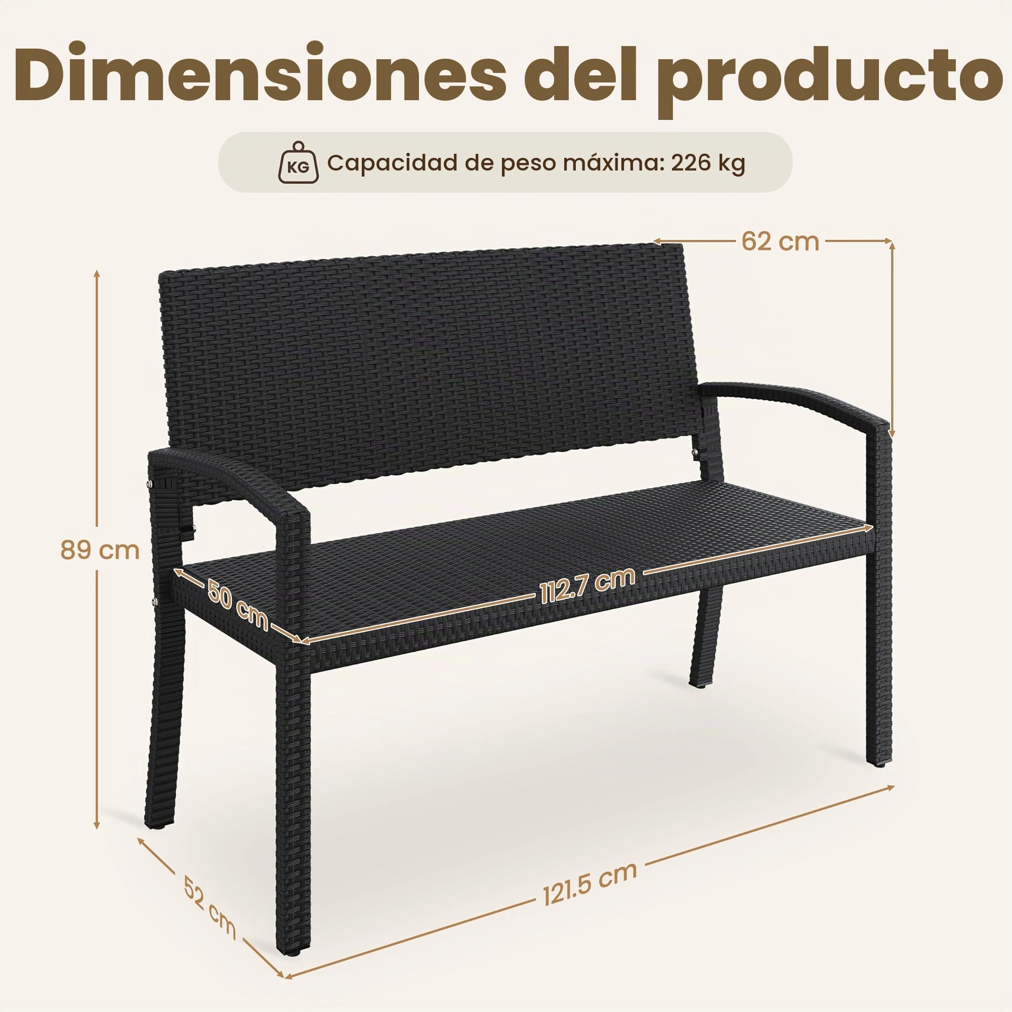 Yaheetech Banco Jardin Exterior Banco Terraza Ratán con Respaldo y Reposabrazos Negro Resistente Intemperie 121,5 × 62 × 89 cm