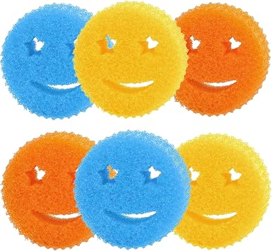 Dish Scrub Sponges, 6Pcs Non-Scratch Temperature Controlled Smiley Scrubber