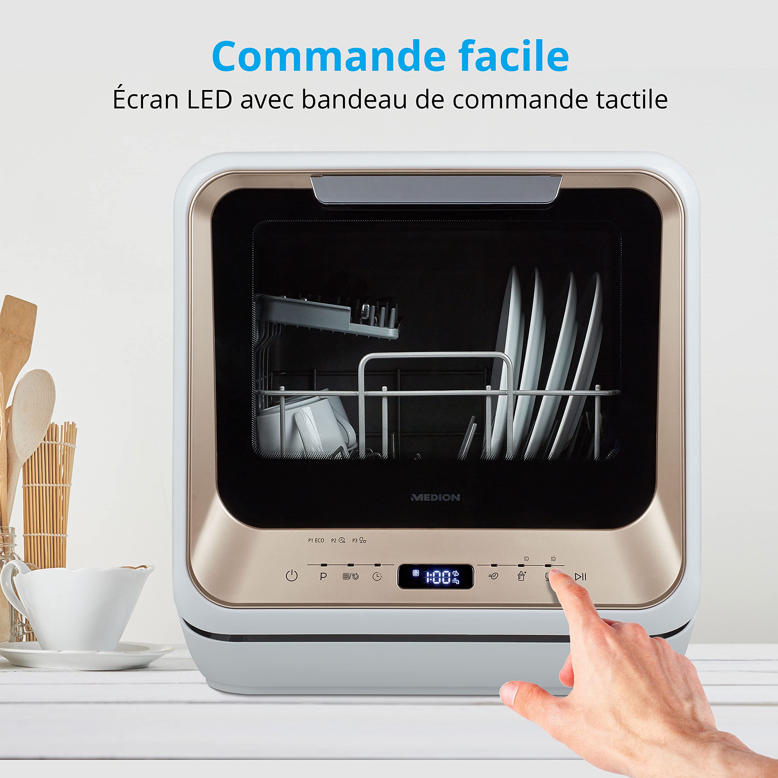 MEDION mini lave-vaisselle MD 37217, petit lave-vaisselle pour 2 couverts, lave-vaisselle portable avec mode de départ différé et 6 modes de nettoyage